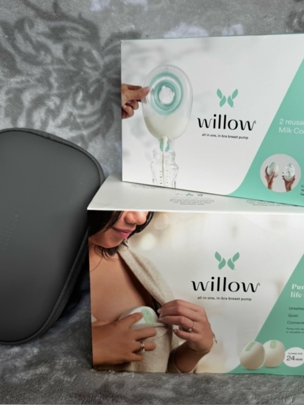 Willow Mint and White Hands-Free milk holder